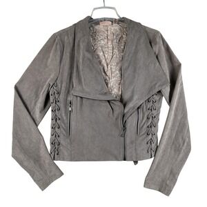 Willow & Root Jacket Womens Medium Faux Suede Moto Zip Front Lace Up Peplum Gray
